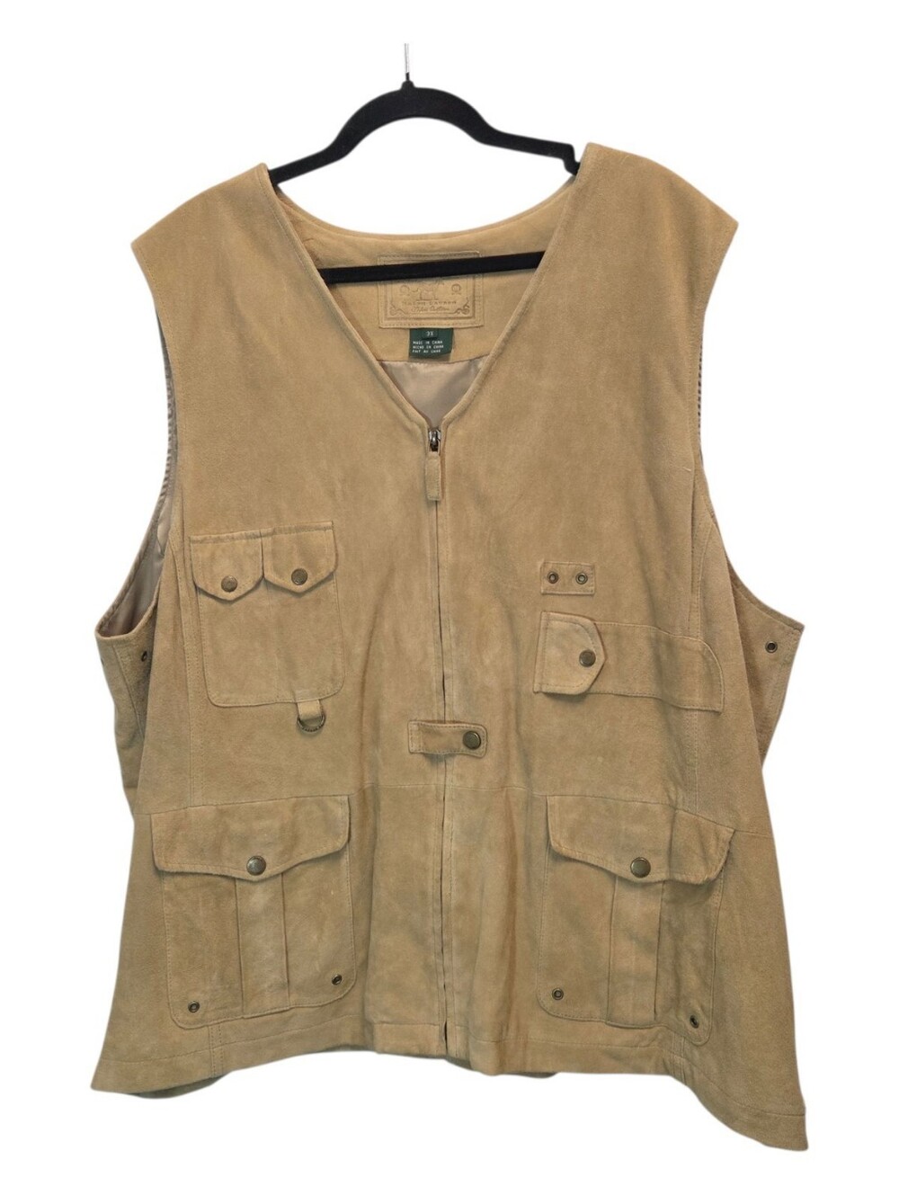 VTG Lauren Ralph Lauren Safari Suede Leather Utility Cargo Pocket Vest 3X Tan